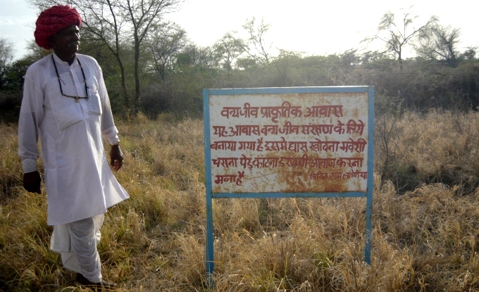 A villager  standing next to a board in Lapodiya that requests people not to pester the wild animals and notifies them of the ban on cutting trees and on any encroachment in the pasture