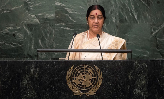 India's external affairs minister Sushma Swaraj at the UN General Assembly in October 2015 where she held high-level meetings with CELAC and CARICOM officials. (Image by United Nations photo)