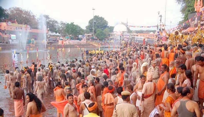 Sadhus at the Ram Ghat for the ritual holy dip.