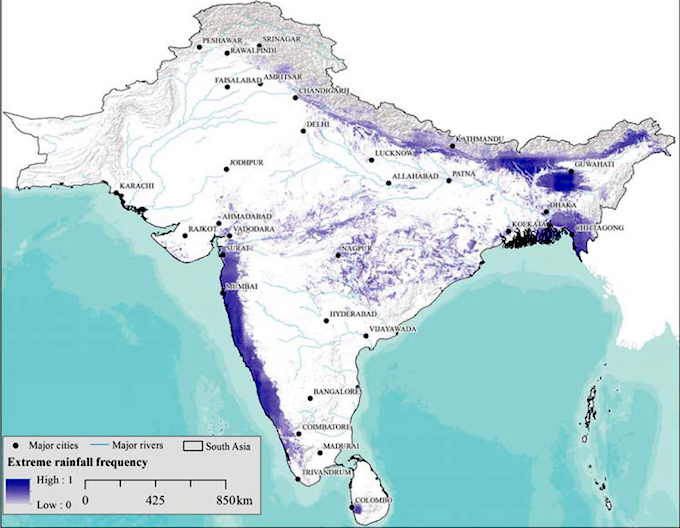 Vulnerability to extreme rainfall in South Asia. (Source: IWMI)