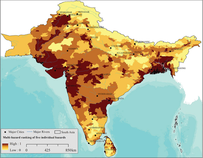 Vulnerability to five major climate change impacts in South Asia. (Source: IWMI)