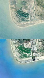 Satellite images of 1984 and 2018 show a slight shift in the beach at Kodiakkarai, where the Coromandel Coast turns into Palk Bay (Image by Google)