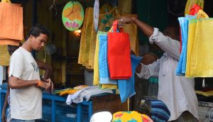 A shopkeeper selling reusable bags in a fish market in Chennai. An organiser of the market, Murugan, said that a lot of plastic bags were being used in fish market before the ban. But now, he said, plastic has completely vanished from the market