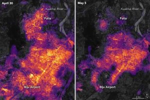 Satellite images of Bhubaneswar show how the lights went out after Cyclone Fani hit the city (Image by NASA)