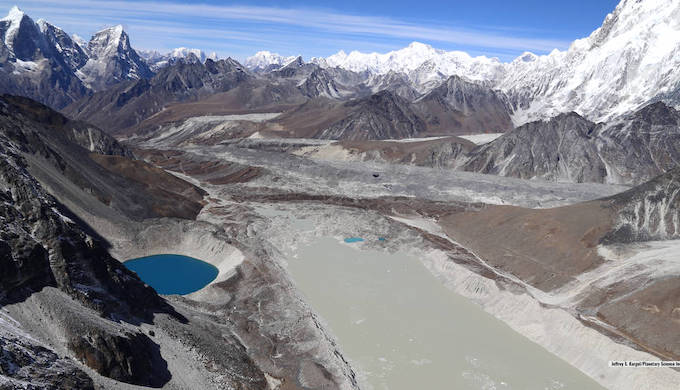 Lake Imja near Mount Everest in the Himalaya is a glacier lake that has grown to three times its length since 1990 (Photo by Planetary Science Institute/Jeffrey S. Kargel)